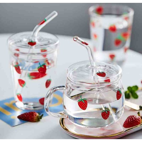Kawaii Strawberry Glass Mug With Straw Creative High Temperature Resistance Clear Glass Water Cup Household Milk Juice Cups