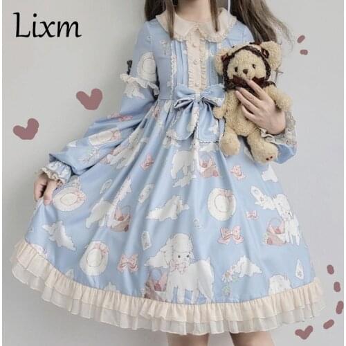 Kawaii Japanese Lolita Vintage dress Lamb Printing lolita dress women soft girl style cute Princess lace dress cute