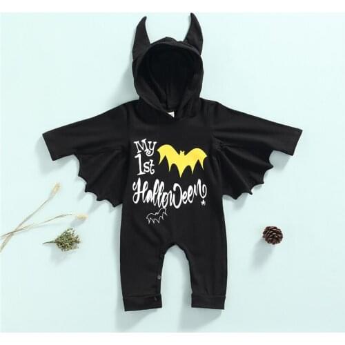 Infant Baby My First Halloween Costume, Long Sleeve Letter Print Bat Sleeve Hooded Jumpsuit, 3-8Months