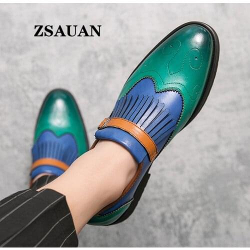 ZSAUAN Patchwork Britsh Pointed Men Flats PU Leather Tassels England Oxford Men Dress Shoes Green Yellow Fashion Shoes