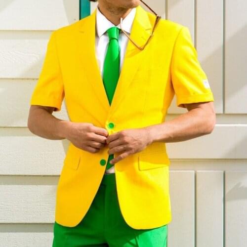 Groomsmen Yellow and Green Groom Tuxedos Notch Lapel Men Suits 2 Pieces Wedding Bridegroom ( Jacket + Short Pants + Tie ) D204