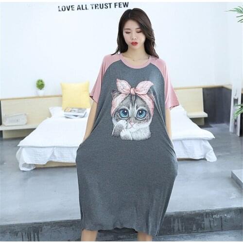 Modal nightgown color matching raglan nightdress loose round neck cartoon cat plus size plus fat home service bathrobe ночнушка