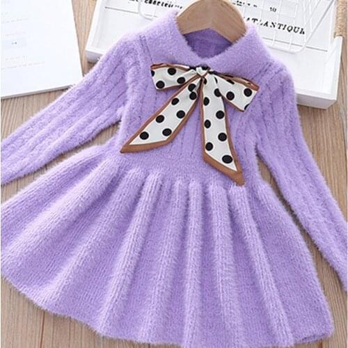 Autumn Winter Sweater Girls Dress New Sweet Long Sleeve Ploka Dot Printed BowTie Girl Clothes Warm Knitted Children Dress
