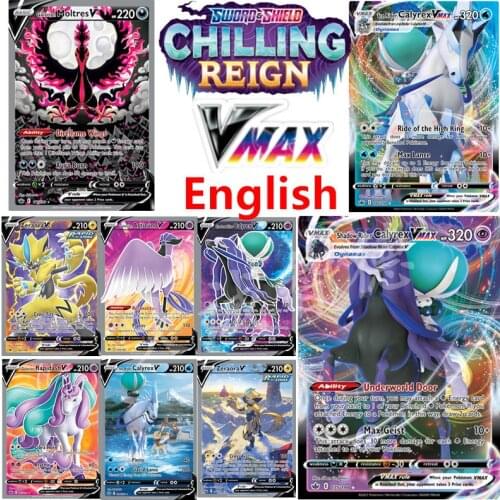 POKEMON NEW English Card VMAX 50 Pcs Zapdos TCG: SWORD & SHIELD CHILLING REIGN Calyrex Dynamax VMAX Cards Game Collectible Toys