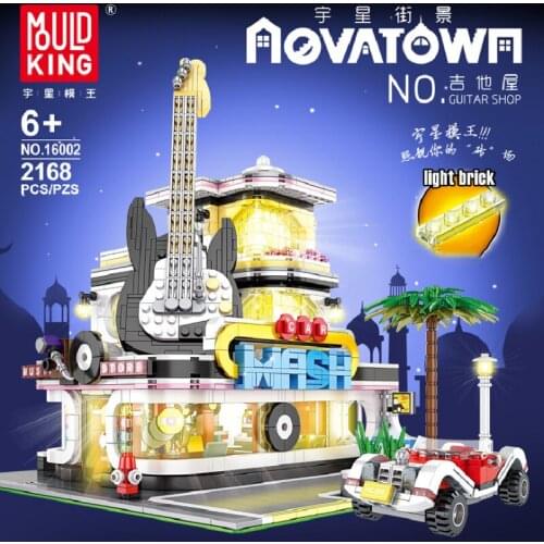 MOULD KING MOC Streetview Building Toys Model Guitar Shop Led Light Set Building Blocks Stacking Bricks Kids Toys Christmas Gift