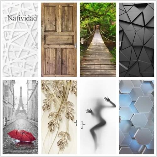 Pvc Waterproof Door Sticker Creative Scenery Wood Grain Door Sticker Self Adhesive Removable Home Door Wallpaper Poster