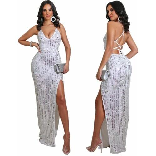 Backless Bandage High Split Dress With Multicolor Sequins Women Sexy Open Back Nightclub Party Dress Summer Runway V Neck Dress