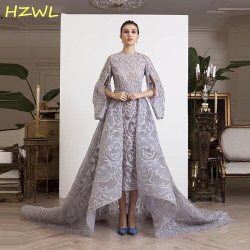 Silver High Low Evening Dresses O Neck Sequins Beading Full Sleeves Prom Dress Dubai Arabic Women Formal Wear Robe De Soiree