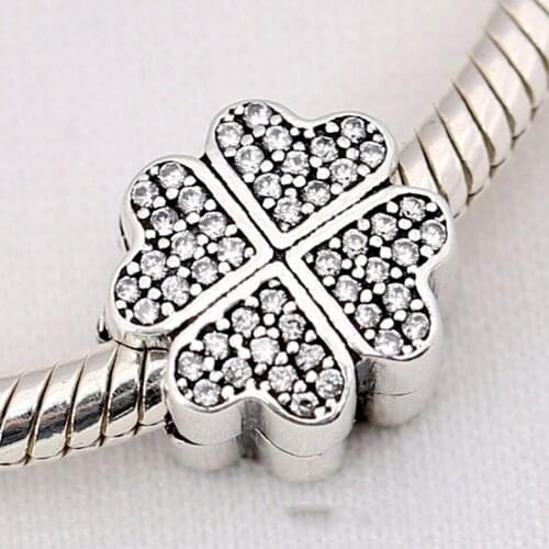 S925 Silver Bead DIY Jewelry Lucky Clover Petals Clear CZ Clip Stopper Charm fit Lady Bracelets Bangle
