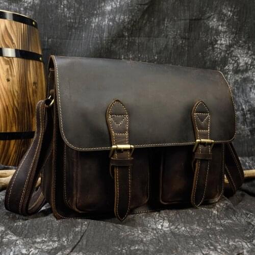 Vintage Genuine Cow Leather Men shoulder bags Crazy Horse leather laptop messenger bag 13" cowhide business briefcase man Bag