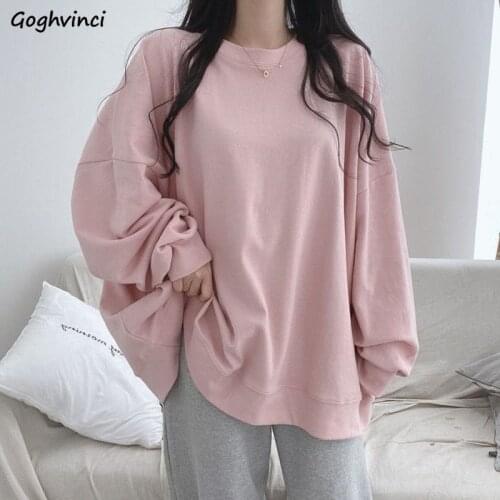 Women No Hat Hoodies Sweatshirts Loose Solid Simple Korean Style Fashion O-neck Sweet Students Newe Trendy Streetwear All-match