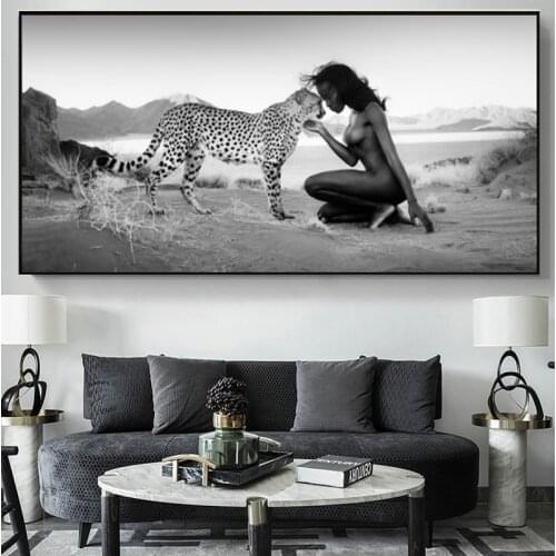 African Snow Leopard and Nude Woman Canvas Painting Human and Nature Posters and Prints Wall Art Picture Cuadros Home Decoration