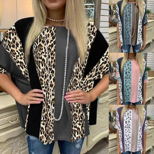 Women Blouse Contrast Color Leopard Print Summer Short Sleeve O Neck T-shirt for Daily Wear