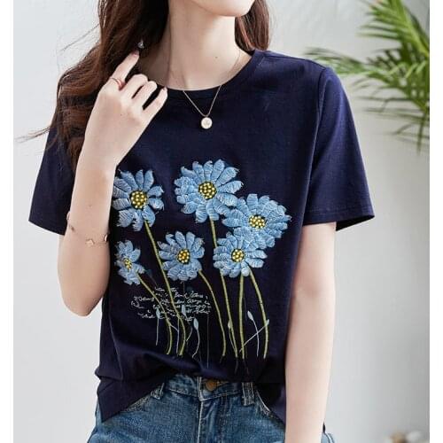 Crew neck short sleeve T-shirt womens Embroidery loose 2021 new design sense niche top T-shirt trend shirts women