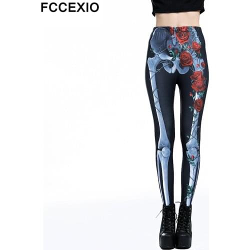 FCCEXIO New Women Skull Leggings High Waist Workout Pants Fitness Legging 3D Rose Skeleton Printed Leggins Plus Size Lady Leggin