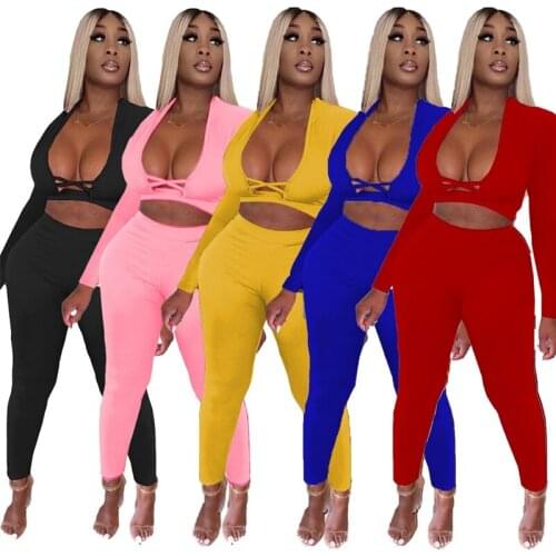 Sexy 2 Piece Set Autumn Long Sleeve Deep V Neck Cross Crop Top And Long Leggings Hollow Out Women Outfit Casual Matching Sets