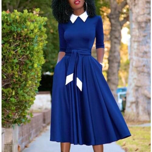 Women Young Style Dress Turn-down Collar A-Line Pleated High Waist Midi Dresses Office Lady 2021 Fashion Female Robes Vestidos