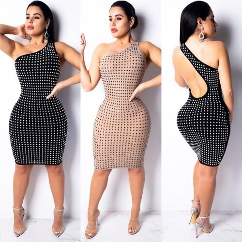 Women Sexy One Shoulder Diamonds Dress Irregular Backless Sheath Bodycon Mini Club Party Dress Female Outfits RV497