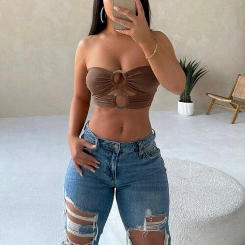 Kili Women Party Beach Sweat Summer Solid Ring Hollow Sexy One-Line Neck Short Wrap Breasted Top Women Sexy Halter Crop Top