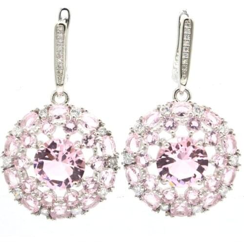 39x23mm European Design Round Pink Kunzite CZ Woman Dating 925 Sterling Silver Earrings