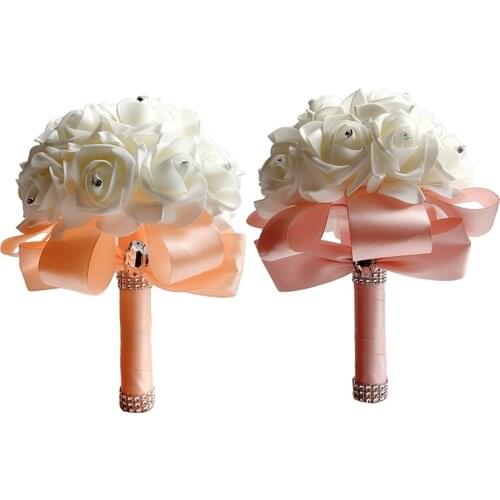 4Pcs Wedding Bouquet Bridesmaid Bridal Bouquet Diamond Pearl Silk Ribbon Artificial Rose Flowers Gentle