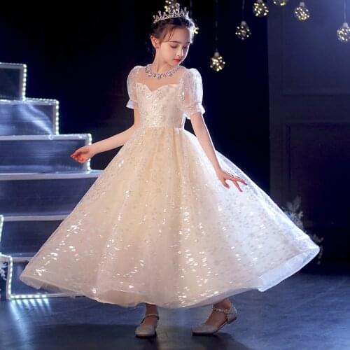 Teenages Girl Prom Elegant Ball Gown Flower Girls Sequins Dress Kids Wedding White Dresses Children Birthday Princess Clothing