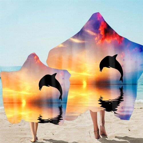 Free shipping Birthday Gift Under the Sea Sunset Dolphin Adult Kids Family Hooded Towel For Sports Spa Surfing Swim Bath Beach