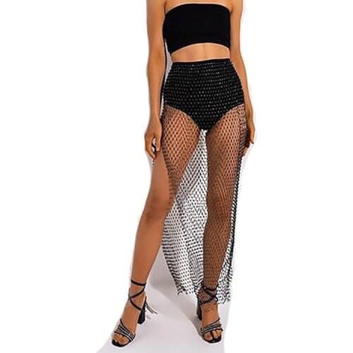 Shiny Crystal Rhinestones Fishnet Sexy long Skirt Women Party Club Split Skirts Mesh Hollow Out Transparent Night club Skirt