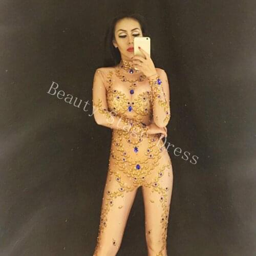 Sparkly Gold Crystals Printed Stretch Jumpsuit Female Singer Show Bodysuit Leggings Womens Party Nightclub Oufit Sexy Wear