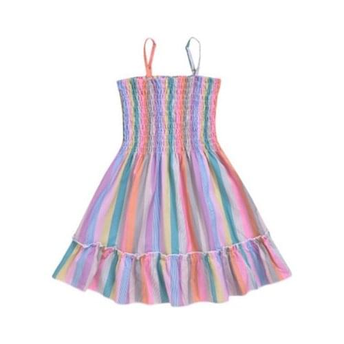 Korean Style Childrens Suspenders Dress Rainbow Striped Elastic Waist Sleeveless Summer Dress Kids Baby Girls Sundress