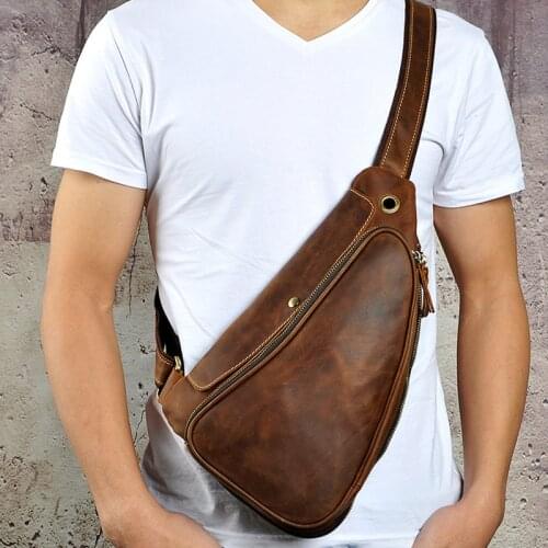 Men Single Back Day Pack Rucksack Vintage Cool Shoulder Messenger Bag Genuine Leather Cowhide Crossbody Chest Bags