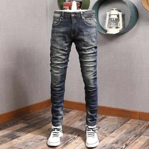 Italian Style Fashion Men Jeans Distressed Wash Retro Blue Elastic Slim Fit Ripped Jeans Men Vintage Designer Cotton Denim Pants