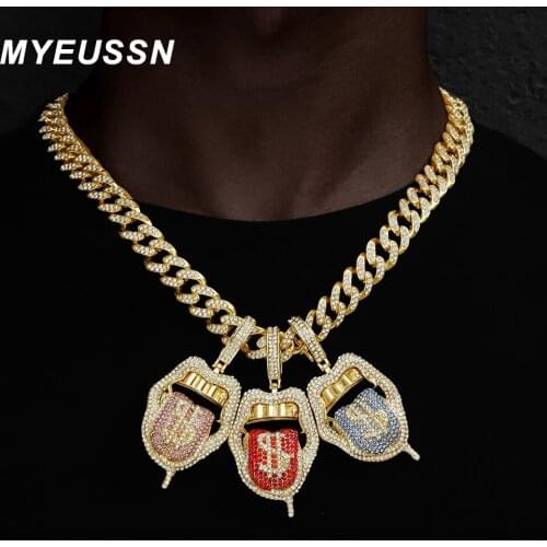 Hip Hop Drip Dollar Lip Pendant Necklace Jewelry Men Iced Out Cuban Link Chain Silver Color Tongue Necklace Pendant Women Gift