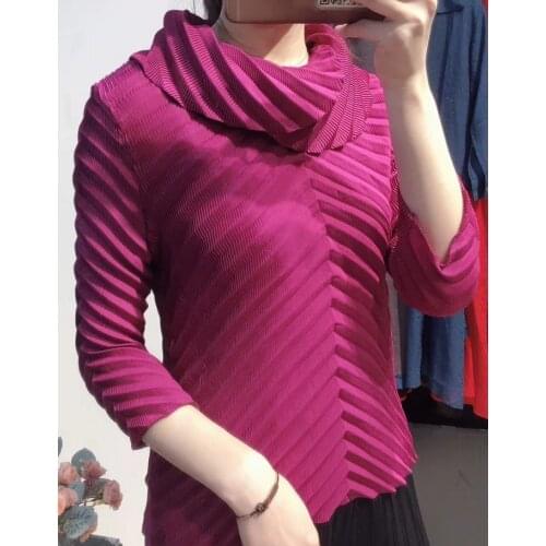 HOT SELLING Fashion New arrival womens pleated top soild three quarter the turn-down collar T-shirt IN STOCK