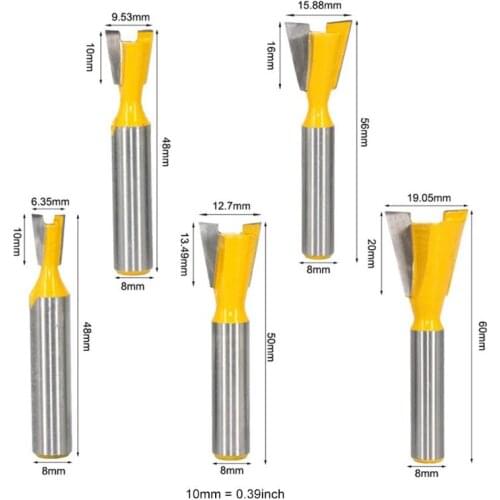 5pcs 8mm Shank Dovetail Joint Router Bits Set 1/4” 3/8” 1/2” 3/4” 5/8\" for wood 203F