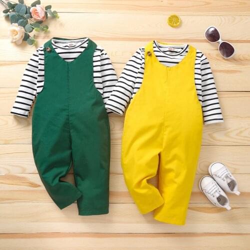 New Toddler Baby Boy Girl Clothes Set Long Sleeve Stripe Cotton T-shirt +Jumpsuit Overalls Outfits Baby Casual Clothing