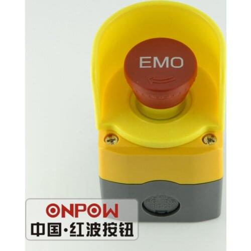 ONPOW 500V 10A Red Emergency Stop Pushbutton Switch Station Box Yellow Switch Box (BXA-22/1/Y+LAS0-K-11TSB+T29)