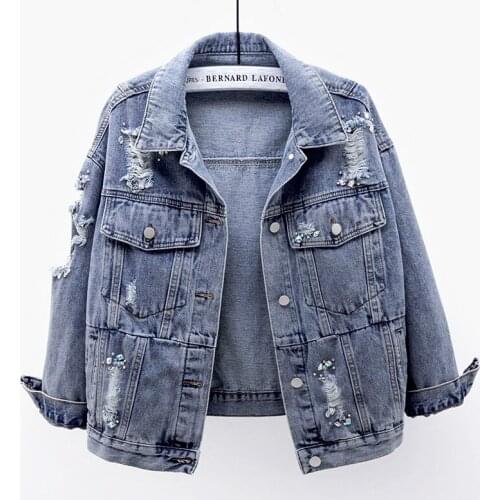 Autumn Korean Fashion Diamonds Holes Denim Jacket Coat Women Batwing sleeve Short Jeans Jacket Female Wash Blue Chaqueta Mujer