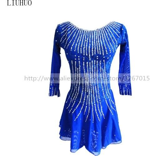 Figure Skating Dress Womens Girls' Ice Skating Dress Round neck blue seven sleeves Lace fabric Line pattern shiny rhinestones