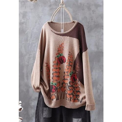 Retro literature and art 2021 spring and autumn fashion new color matching printing thin knit sweater women casual