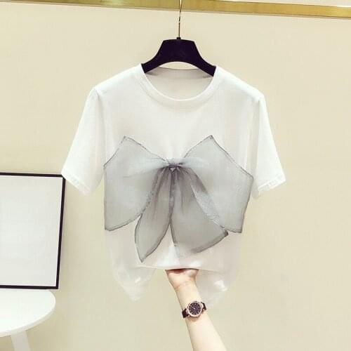 Mesh Bow White Women T-Shirts Summer New Design 2021 O-Neck Short-Sleeved Elegant Female Pulls Tops Tees