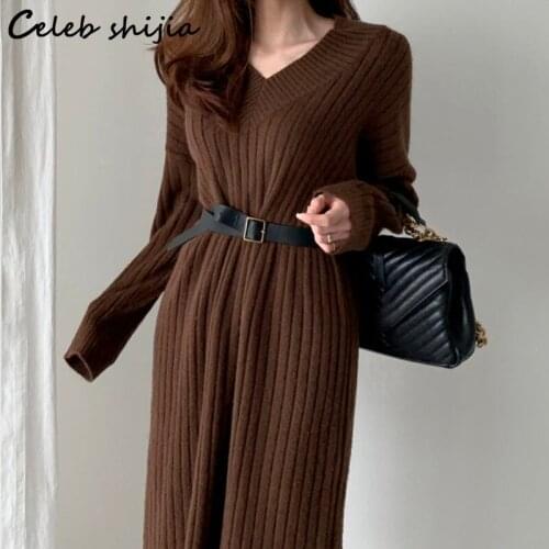 Vintage V-neck Brown Knit Dress Female Autumn 2021 Loose Chic Long Sweater Dress Vestido Winter Streetwear Elegant Knitwear Wool