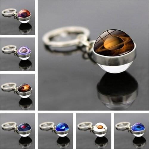 WG 1pc Universe Galaxy Planet Time Gem&stone Keychain Keyrings Pendant Double-sided Glass Ball Cabochon Keychain Jewelry Pendant