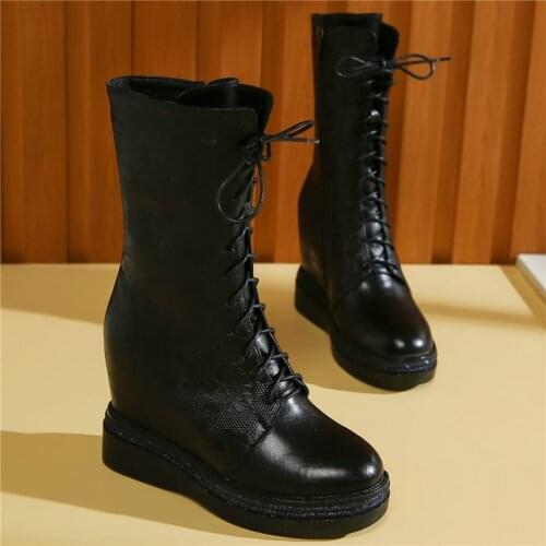 High Top Punk Creepers Women Lace Up Genuine Leather Wedges High Heel Ankle Boots Female Round Toe Fashion Sneakers Casual Shoes