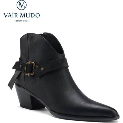 VAIR MUDO Motorcycle Boots Shoes Women Pointed Toe Square Heel Zipper Adult Ankle Shoe Genuine Leather Black Brown Spring DX166L