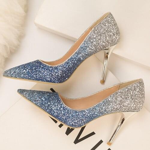 Gradient Sequins High Heels Women Shoes Pointed Classic Pumps Rhinestone Party Wedding Bridal Shoes Stiletto Woman Heels Ladies