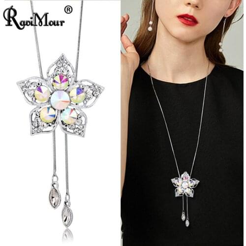 Brand Colorful Blue Crystal Long Necklace Women Jewelry Big Flower Pendants Sweater Chain Fashion Female Ketting Choker