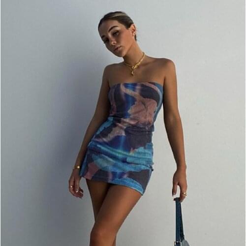 Tie Dye Print Women Tube Mini Dress Bodycon Sexy Streetwear Party Elegant Club 2021 Summer Festival Clothes Y2K