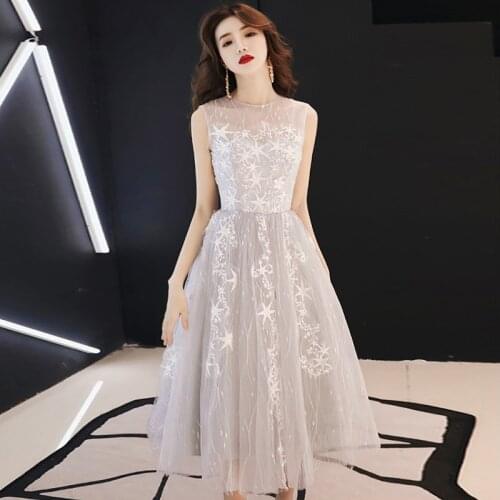 2021 New Fashion Women Evening Dress Illusion O-neck a Line Prom Dresses Silver Banquet Party Dress Robe De Soiree