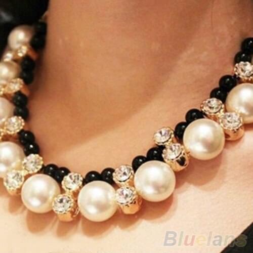 Double Row Adjustable Ribbon Chain Diamante Choker Pearl Necklace for women 091Z